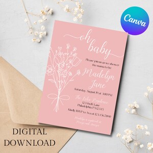 Rosa y blanco ramo de flores silvestres Baby Shower Invitar Descarga Instantánea Invitación Baby Shower Invitación Personalizable Descarga Imprimible