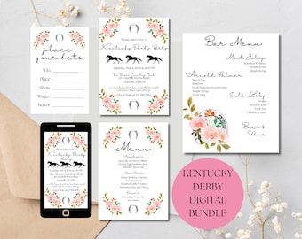 Kentucky Derby Party Bundle. Digital Download Derby Party Invitation, Smartphone Invite, Menu Card, Bar/Drinks Sign, Betting Sheet.