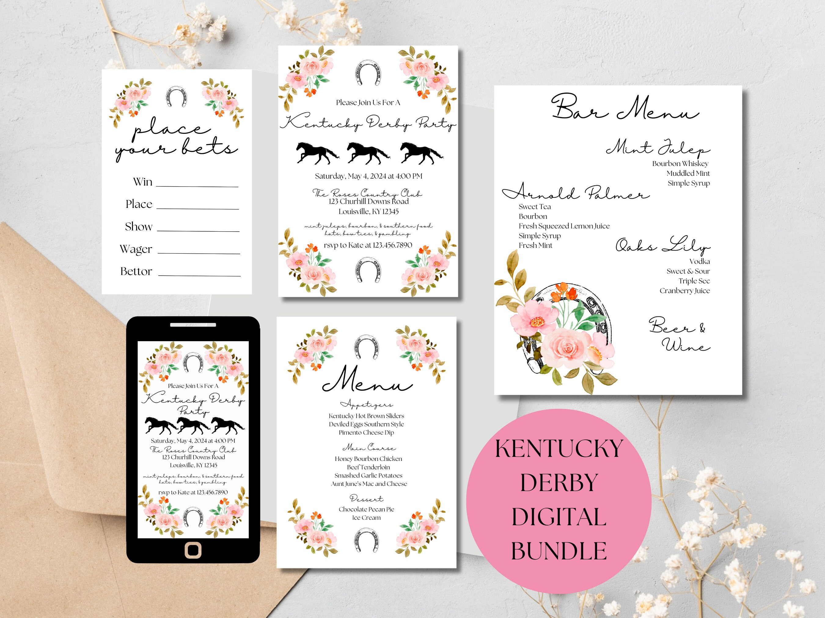 Kentucky Derby Party Bundle Digital Download Derby Party Invitation Smartphone Invite Menu Card BarDrinks Sign Betting Sheet