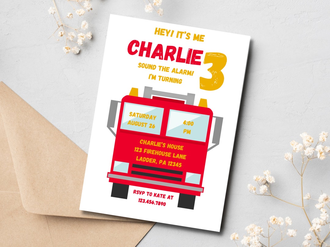 Firetruck Birthday Invitation Template. Editable Birthday Party Invite ...