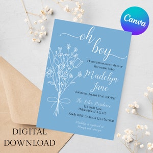 Blauwe en witte Wildflower boeket baby shower uitnodiging Instant Download uitnodiging Baby shower uitnodiging aanpasbare afdrukbare download