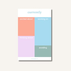 May include: A rectangular notepad with the word "currently" in light blue at the top. The notepad is divided into four colored sections: peach, light blue, lavender, and sage green, with text labels.