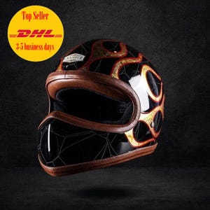 Sale ! Vintage Custom Helmet Bullhead Gold Leaf Flames Cafe Racer Chopper Bobber Motorcycle DOT