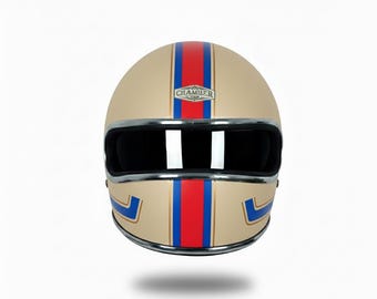Vintage Cream Motorcycle Helmet: Retro Stripes, Bobber Chopper Style
