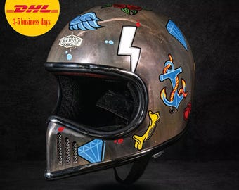 Custom Motorcycle Helmet Full Face Draco Drawing Aging Cafe Racer Motorcycle