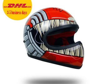 Custom Motorcycle Helmet Bullhead Red Hand Drawing Cafe Racer Chopper