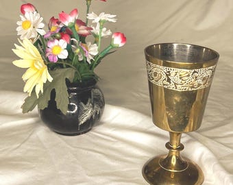 Vintage Indian Brass Goblet Chalice 4.5” | Etched Rim | LEP Electroplated Brass | Mid Century Decor