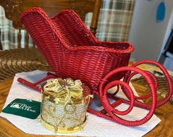 Red Wicker Sleigh with Golden Drum Ornament, Christmas Display