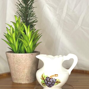 May include: A white ceramic pitcher with a handle and a grape design. The pitcher is decorated with purple grapes, green leaves, and brown stems. A small potted plant with green leaves and a brown pot is in the background.