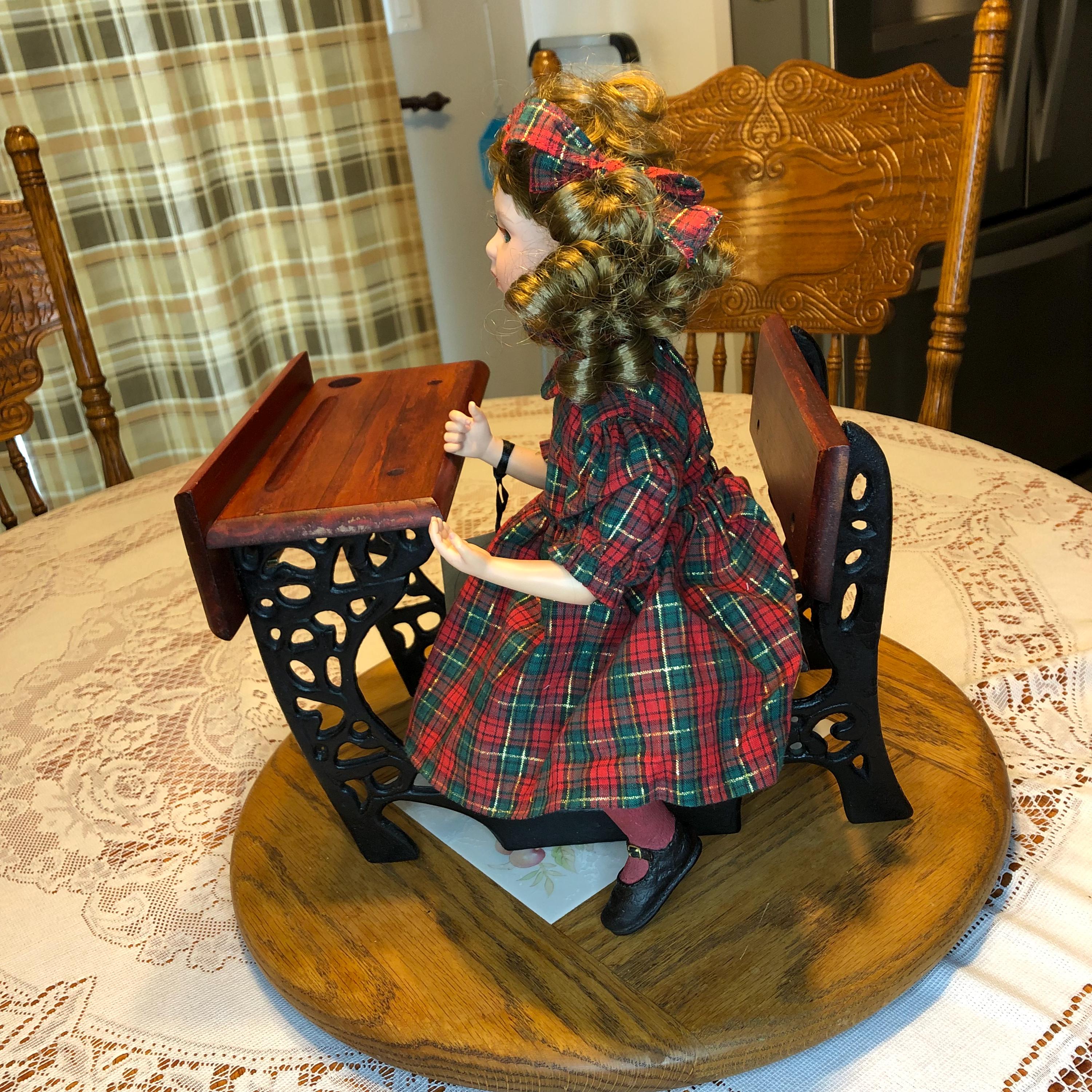 Vintage, Wood and Cast-Iron Doll sized School Desk, western style, fits 12 inch dolls