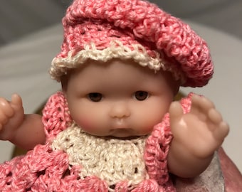 5 inch plastic baby Doll, Complete with Handmade Crochet Outfit, Pink-White