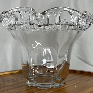 Mid Century, Duncan Miller Lace Edge Centerpiece Glass Bowl, Handmade Clear Glass