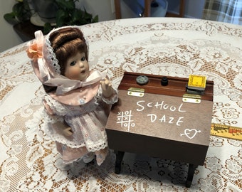 Miniature Doll Size School Desk, built in Music Box