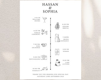 May include: A wedding timeline with a black and white design. The timeline includes the following events: Welcome Drinks, Groom's Arrival, Nikkah Ceremony, Bride's Entrance, Ring Exchange, Dinner, Photographs, Cake Cutting, and Rukshati. The timeline is set for Saturday, September 23rd, 2023.