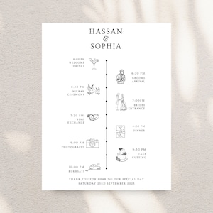 May include: A wedding timeline with a black and white design. The timeline includes the following events: Welcome Drinks, Groom's Arrival, Nikkah Ceremony, Bride's Entrance, Ring Exchange, Dinner, Photographs, Cake Cutting, and Rukshati. The timeline is set for Saturday, 23rd September 2023.