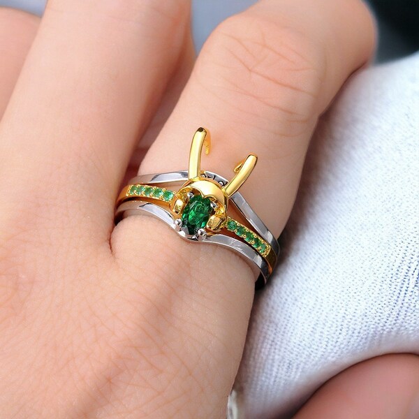 Gold Loki Ring, Silver Ring, Gold and Green ring, Green Stone Ring, Loki Ring, 3 ring set, stacking rings