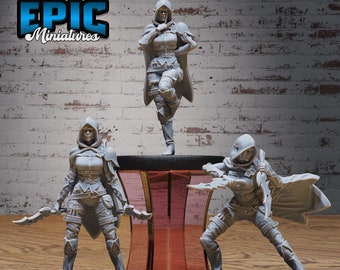May include: Three gray plastic miniature figures of female characters wearing hooded cloaks and holding daggers. The figures are posed in different stances and are standing on black bases. The figures are part of a set of miniatures for tabletop role-playing games.