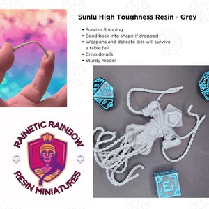 May include: A white resin miniature of a figure with long flowing robes and a chain. The figure is lying on a white surface. There are several blue and black dice in the background. The text "Sunlu High Toughness Resin - Grey" is visible in the top right corner of the image. The text "RAINETIC RAINBOW RESIN MINIATURES" is visible in the bottom left corner of the image.