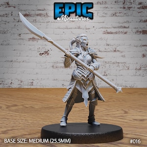 May include: A grey plastic miniature of an elf warrior holding a spear. The elf is wearing armor and has a fierce expression on its face. The miniature is on a round base. BASE SIZE: MEDIUM (25.5MM) #016