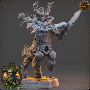 May include: A detailed miniature figure of a centaur-like creature with a tree-like body, holding two swords. The figure has a detailed design with antlers, floral accents, and intricate armor. The base has engraved symbols, and the logos "DAYBREAK MINIATURES" and "THE WALKER'S OF FERRO FOREST" are visible.