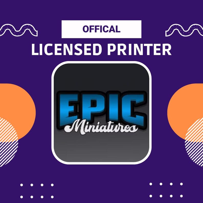 May include: A blue and white logo with the text "EPIC Miniatures" on a black background. The logo is surrounded by a white border. The text "OFFICIAL LICENSED PRINTER" is above the logo. The background is purple with orange and white circles.