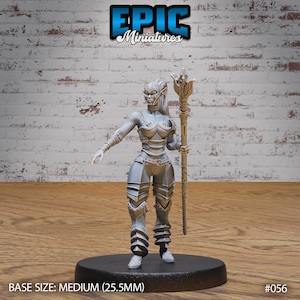 May include: A gray painted miniature figurine of a female elf warrior holding a staff. The figurine is standing on a black circular base. The base is labeled "BASE SIZE: MEDIUM (25.5MM)" and "#056".