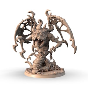 May include: A detailed, beige-colored fantasy miniature of a monstrous creature with multiple faces, large wings, and clawed hands. The figure has a serpentine lower body and is posed on a circular base, suitable for tabletop gaming or display.