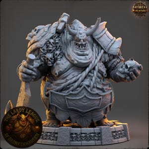 May include: A detailed, gray miniature figure of a grotesque, horned creature holding a skull and a weapon. The figure has a large, bulbous body, armor, and is standing on a base decorated with skulls. The Daybreak Miniatures logo is visible.