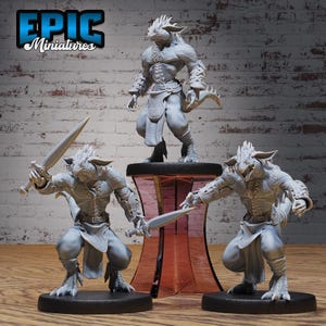 May include: Three gray, unpainted, plastic miniatures of humanoid figures with reptilian features. The figures are posed in different action stances, holding swords. The figures are standing on black bases. The figures are part of a set of miniatures for tabletop role-playing games.