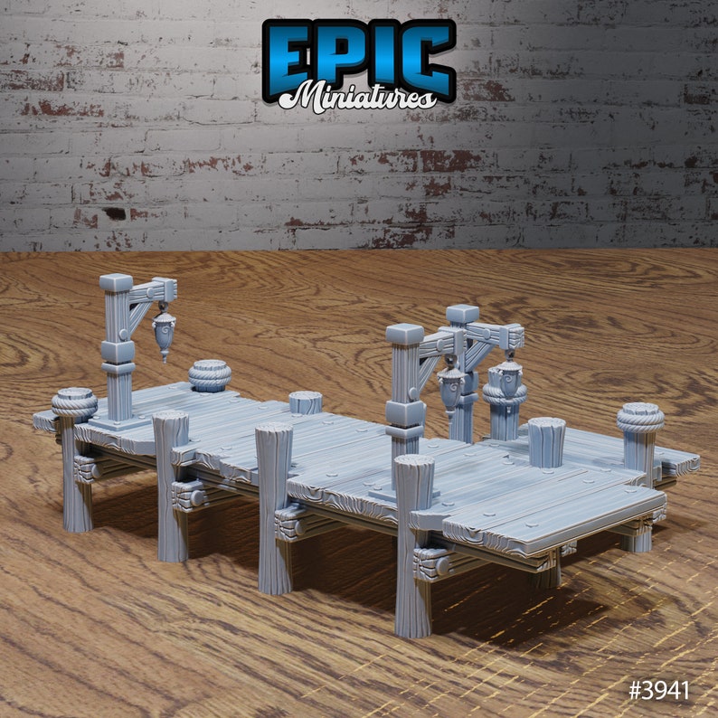 May include: A gray plastic model of a wooden dock with two lamp posts and lanterns. The dock has a wooden plank surface and is supported by wooden posts. The dock is designed for use in tabletop games and role-playing games. #3941