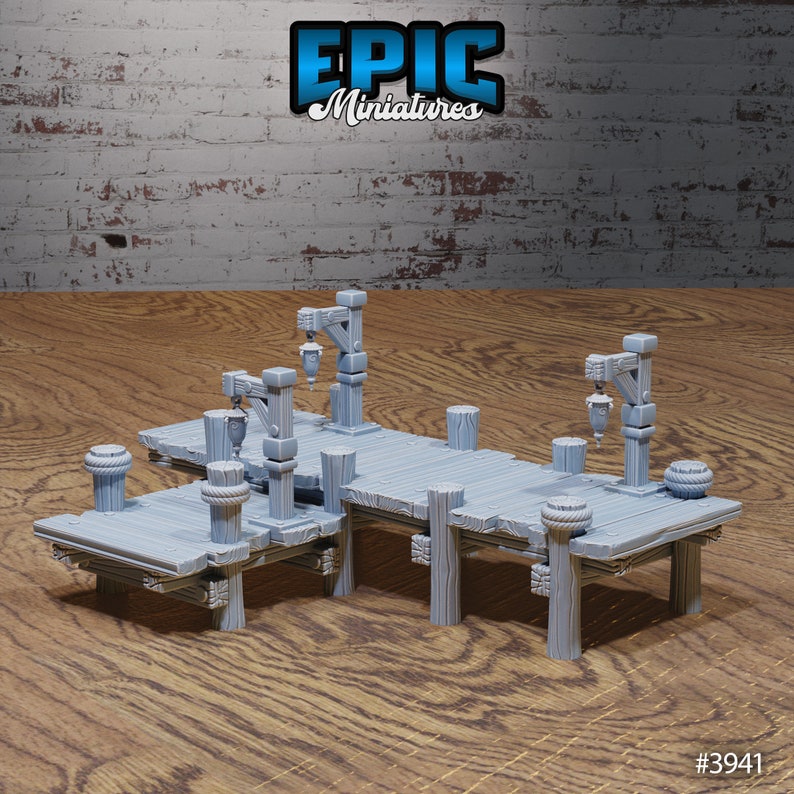 May include: A gray plastic model of a wooden dock with two cranes and rope details. The dock is made up of multiple sections that can be connected together. The model is designed for use in tabletop games and role-playing games. #3941