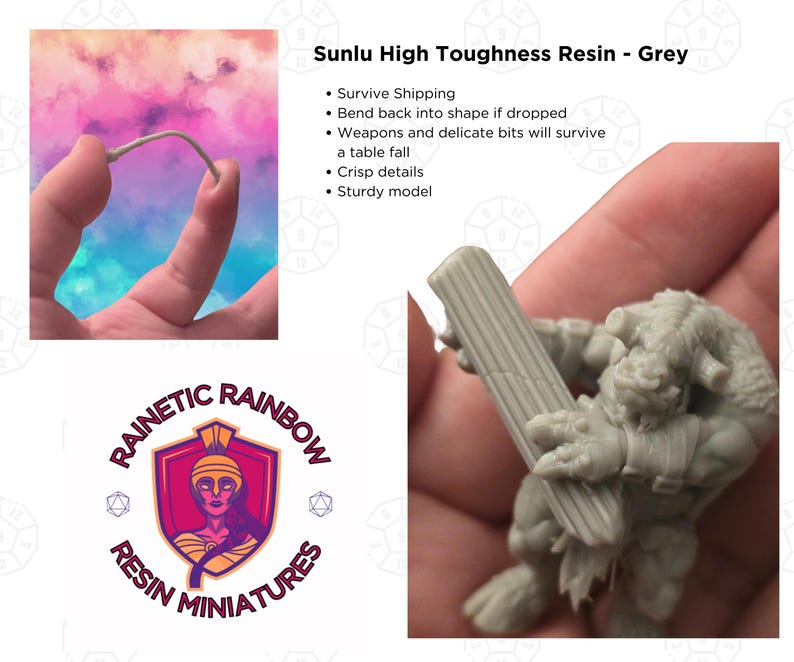 May include: A grey resin miniature of a creature holding a long, rectangular object. The miniature is in a hand, and the background is a blurry image of a hand holding a flexible, white wire. The text "Sunlu High Toughness Resin - Grey" is visible in the top right corner of the image. The text "RAINETIC RAINBOW RESIN MINIATURES" is visible in the bottom center of the image.