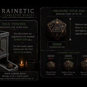 Pode incluir: Um an&uacute;ncio para Rainetic tabletop minis, com uma torre de dados e dados D20. A imagem mostra uma torre de dados cinza projetada para dados D20 de 20 mm, com um diagrama que ilustra como medir os dados. Tamanhos comuns de D20 tamb&eacute;m s&atilde;o mostrados.