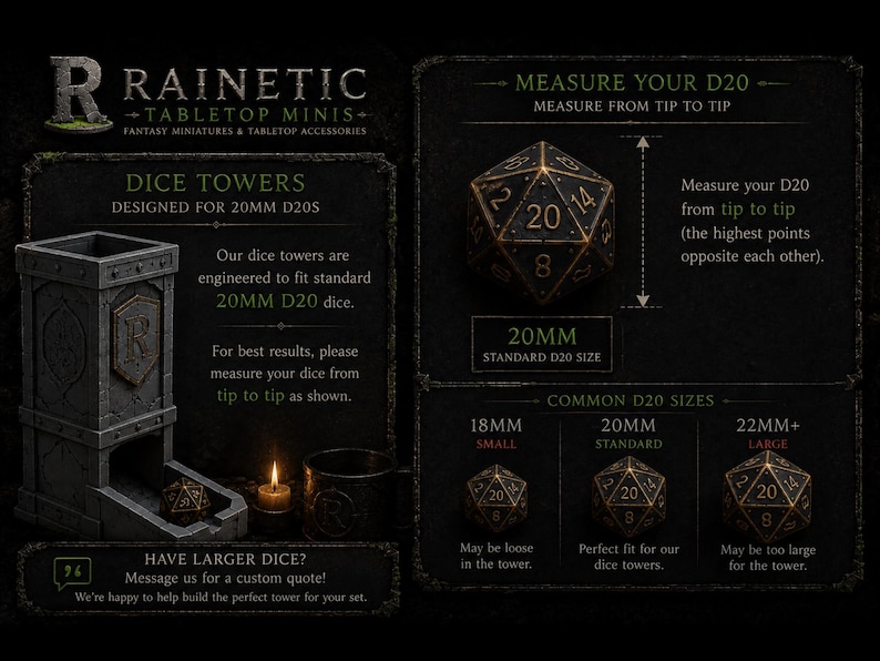 Pode incluir: Um an&uacute;ncio para Rainetic tabletop minis, com uma torre de dados e dados D20. A imagem mostra uma torre de dados cinza projetada para dados D20 de 20 mm, com um diagrama que ilustra como medir os dados. Tamanhos comuns de D20 tamb&eacute;m s&atilde;o mostrados.
