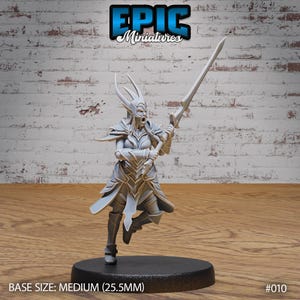 May include: A grey, unpainted miniature of an elf warrior holding a sword. The miniature is standing on a black base. The base size is medium (25.5mm). #010