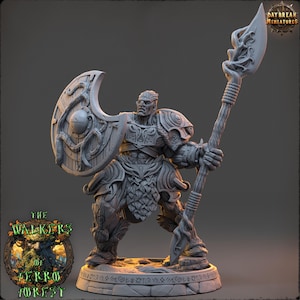 May include: A detailed miniature figure of a warrior, holding a shield and a spear. The figure is gray and features intricate armor and a detailed base. The shield has a unique design. The figure is from "The Walkers of Ferro Forest" and "Daybreak Miniatures".