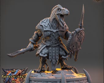 Velociraptor Dinosaur Fighter Shield and Spears | 32mm or 75mm Resin Printed Mini | TTRPG Figure