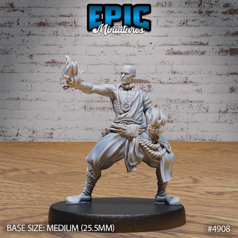 May include: A gray painted miniature figurine of a person with flames in their hands. The person is wearing a robe and has a beaded necklace. The base of the miniature is black and has the text "BASE SIZE: MEDIUM (25.5MM)" and "#4908".