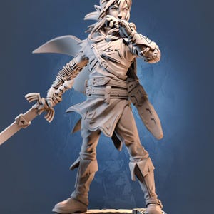 May include: A detailed, light gray figurine of a warrior in a dynamic pose, holding a sword. The figure wears armor, a cape, and boots. The sword has a distinctive hilt design. The overall aesthetic suggests a fantasy or adventure theme.