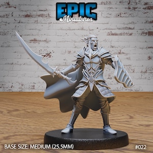 May include: A gray plastic miniature of an elf warrior holding a sword and shield. The miniature is standing on a round base. The base is labeled "BASE SIZE: MEDIUM (25.5MM)" and "#022".