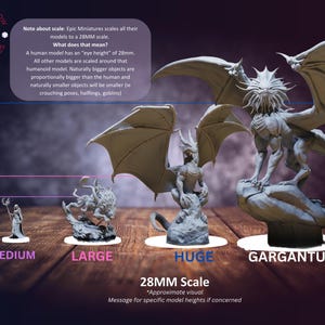 May include: A chart showing the different sizes of miniature figures, from medium to gargantuan. The chart uses a ruler to show the size of each figure in relation to a human figure. The text on the chart reads "28MM Scale" and "Approximate visual".