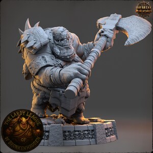 May include: A detailed, gray miniature figure of an orc warrior holding a large battle axe. The orc has a menacing expression, with detailed armor and a textured base. The figure is a collectible item, perfect for tabletop gaming or display.