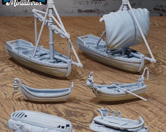 Harbor Boats - D&D Miniature - 3D Printed Unpainted - 28MM Scale- Set of 6 Boats