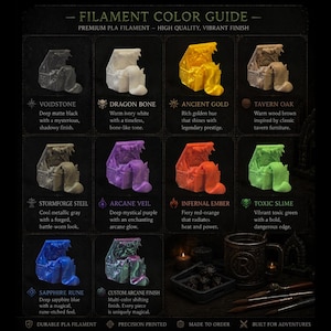 Pode incluir: Um guia de cores para filamento PLA premium, apresentando cores como preto Voidstone, branco Dragon Bone, ouro antigo e verde Toxic Slime. Cada cor &eacute; exibida em um ba&uacute; estilizado.