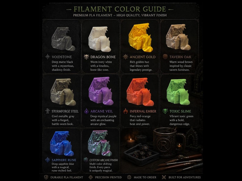 Pode incluir: Um guia de cores para filamento PLA premium, apresentando cores como preto Voidstone, branco Dragon Bone, ouro antigo e verde Toxic Slime. Cada cor &eacute; exibida em um ba&uacute; estilizado.