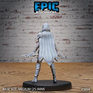 Puede incluir: Una figura miniatura pintada de blanco de una figura encapuchada con una capa y dos dagas. La figura est&aacute; de pie sobre una base negra con el texto "BASE SIZE: MEDIUM (25.5MM)" y "#3894".
