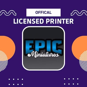 May include: A blue and white logo with the text "EPIC Miniatures" on a black background. The logo is surrounded by a white border. The text "OFFICIAL LICENSED PRINTER" is above the logo. The background is purple with orange and white circles.