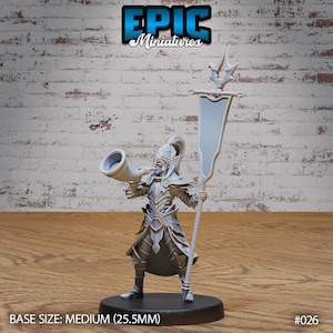 May include: A gray plastic miniature of an elf warrior blowing a horn and holding a banner. The miniature is standing on a black base. The base size is medium (25.5mm). #026