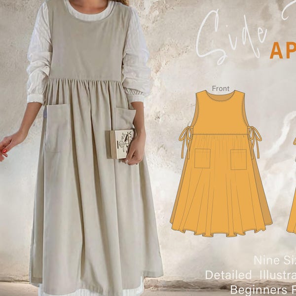 Patrón de costura en PDF para vestido con delantal con lazo lateral / Vestido Milkmade / Vestido con delantal tipo pichi / Delantal de jardín / Vestido de verano de lino / Vestido cottagecore n.° 39