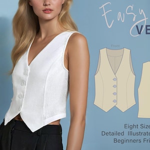 Può includere: Un gilet bianco con scollo a V e chiusura con bottoni. L'immagine mostra anche un diagramma di un gilet con il testo "Easy Vest", "Eight Sizes", "Detailed Illustrated Tutorial" e "Beginners Friendly".